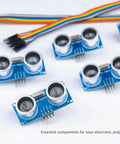 Five Pack HC SR04 Ultrasonic Distance Sensor Modules for Arduino projects with wiring harness, ideal for robotics and measuring applications.