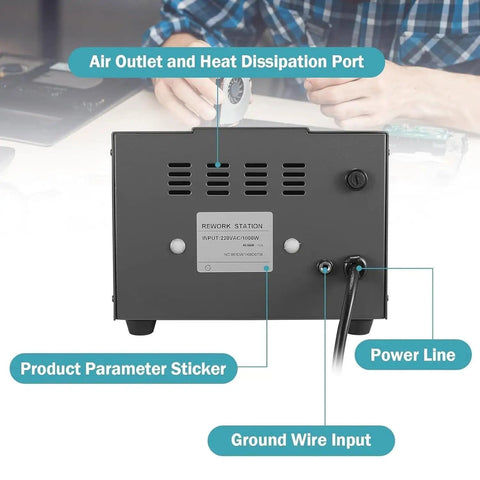 Back view of 1000W Hot Air Soldering Station with label, power line, and ports visible.