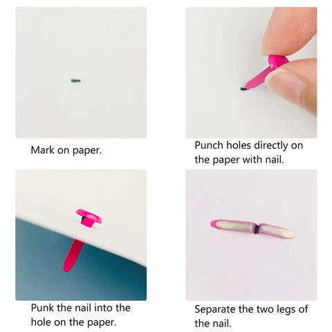 Using 100 Piece Brass Paper Fasteners Set Multicolor Mini Brads For Paper Crafts on paper with step-by-step application guide.