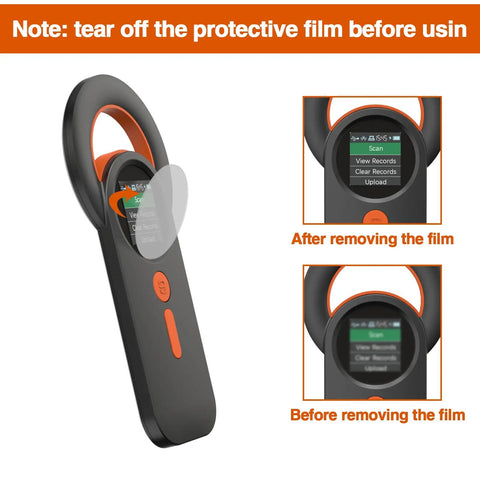 Pet Microchip And RFID Scanner With 1.44 Inch Color Display, protective film removal shown, close-up view.