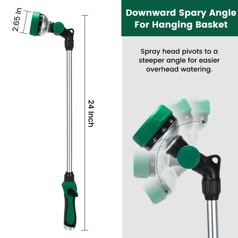Long Reach 24 Inch Watering Wand With Pro Grade Thumb Control Nozzle, showing 10 spray patterns and 180 degree pivoting head.