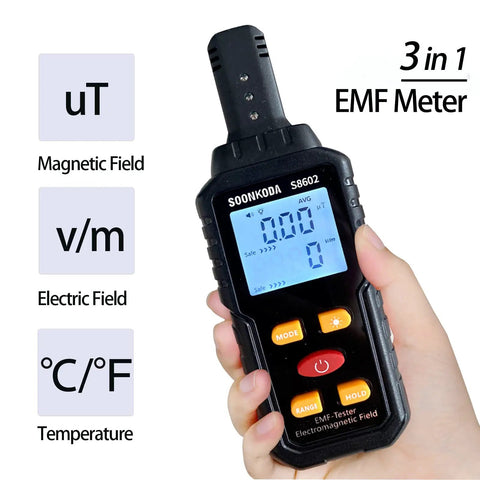 Three In One EMF Meter And Reader For Home Office And Outdoors Electromagnetic Field Radiation Detector held by a hand