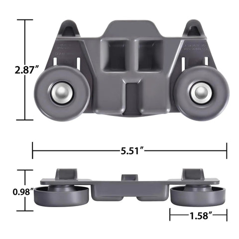 No Sweat Lower Dishwasher Rack Wheels Compatible With KitchenAid W10195416 W10195416V Pack of 4 gray heavy duty rollers measuring 5.51 by 2.87 inches.
