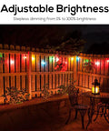 48Ft Outdoor String Lights With Warm White And RGB 2 In 1 Bulbs Remote Dimmer Shatterproof Bulbs illuminating a patio fence.