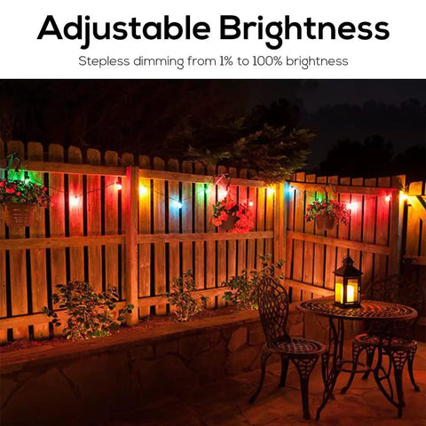 48Ft Outdoor String Lights With Warm White And RGB 2 In 1 Bulbs Remote Dimmer Shatterproof Bulbs illuminating a patio fence.