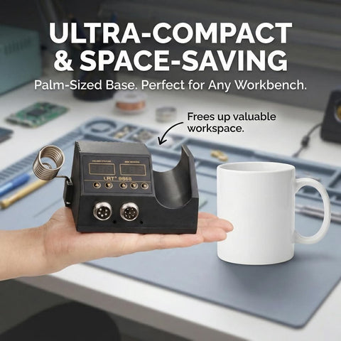 Powerful 2 In 1 Rework Station With 580 Watt Hot Air Gun And 60 Watt Soldering Iron, compact design shown with coffee mug for scale