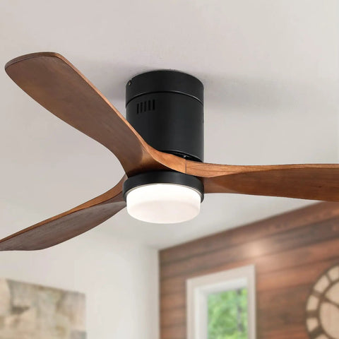 52 Inch Ceiling Fan With Lights 3 Solid Wood Fan Blade featuring black metal base and integrated LED light.