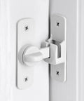 Dead Simple Matte White Gate Lock For Aluminum Barn Doors Seamless 90 And 180 Degree Angle Mounting close-up view of latch mechanism.