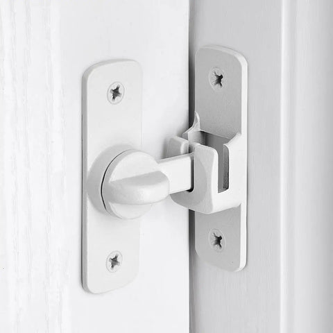 Dead Simple Matte White Gate Lock For Aluminum Barn Doors Seamless 90 And 180 Degree Angle Mounting close-up view of latch mechanism.