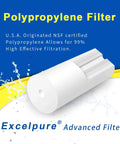 Whole House 10 Inch By 4.5 Inch Sediment Filter 5 Micron Fits Culligan GE FXHTC shown in polypropylene material with text overlay.