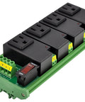 4 Channel IoT Relay Outlet Module For AC Power With Built In 10A Relays, DIN Rail Or Screw Mounting, Plug And Play Controller Integration With Arduino Raspberry Pi ESP32, Reliable Home Automation And Industrial Projects. Black 4-channel DIN rail relay module with green terminals and switch