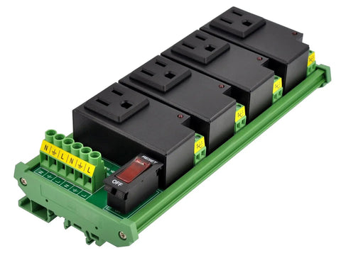 4 Channel IoT Relay Outlet Module For AC Power With Built In 10A Relays, DIN Rail Or Screw Mounting, Plug And Play Controller Integration With Arduino Raspberry Pi ESP32, Reliable Home Automation And Industrial Projects. Black 4-channel DIN rail relay module with green terminals and switch