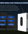 Premium 12Kw Hybrid Solar Inverter DC 48V To AC 120V 240V Split Phase Output With 220A Dual MPPT 99.9 Percent Efficiency UL1741 Certified For Lithium Batteries And Plug And Play Grid Backup displayed against solar panels.
