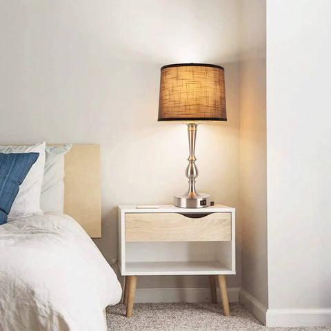 Set of 2 24.8 Inch Modern Table Lamps for Bedroom with Dual USB Charging Ports and 3 Way Dimmable Touch Control Nightstand Lighting in Nickel Finish