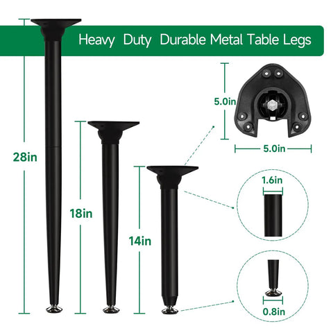 3 In 1 Metal Folding Table Legs With Adjustable Floor Protectors For Round Or Square Tables, Heavy Duty Steel Collapsible DIY Furniture Legs In Black, 28 18 And 14 Inch Heights, Set Of 4 shown with dimensions