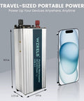 Top Tier 500 Watt Pure Sine Wave Power Inverter with dimensions 8.8 in x 2.53 in x 3.9 in beside a smartphone.