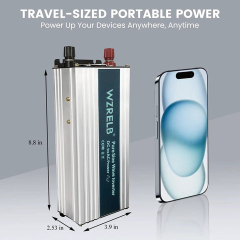 Top Tier 500 Watt Pure Sine Wave Power Inverter with dimensions 8.8 in x 2.53 in x 3.9 in beside a smartphone.