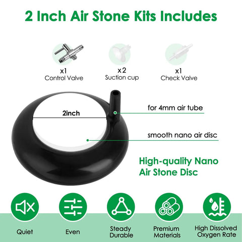 Close-up of 2 Inch Nano Air Stone Disk Kit For Aquarium Bubbler With Control Valve, Check Valve, Suction Cups, and Fine Bubbles