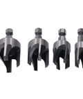 No Sweat Wood Dowel Drill Set With Tapered Plug Cutter Bits Slick Hex Shaft Claw Design for quick furniture repair showing 4 plug cutter bits.