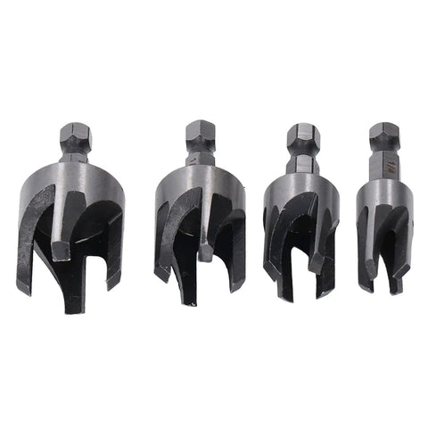 No Sweat Wood Dowel Drill Set With Tapered Plug Cutter Bits Slick Hex Shaft Claw Design for quick furniture repair showing 4 plug cutter bits.