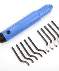 Heavy Duty Deburring Tool Kit For 3D Printers With Durable Alloy Construction And Ergonomic Grip, blue handle with 10 versatile cutters.