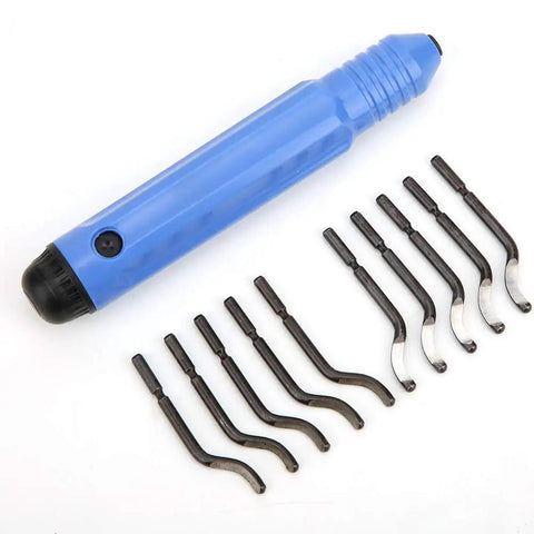 Heavy Duty Deburring Tool Kit For 3D Printers With Durable Alloy Construction And Ergonomic Grip, blue handle with 10 versatile cutters.