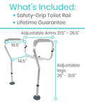 Toilet Safety Rail For Seniors And Disabled With Adjustable Grab Bar And Arms Sit To Stand Aid, showing dimensions 21.5 to 26.5 inches