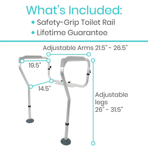 Toilet Safety Rail For Seniors And Disabled With Adjustable Grab Bar And Arms Sit To Stand Aid, showing dimensions 21.5 to 26.5 inches