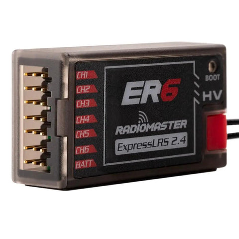 Close-up of ExpressLRS 2.4GHz 6 Channel PWM Receiver for FPV Drones, Airplanes and Gliders showing connection ports.