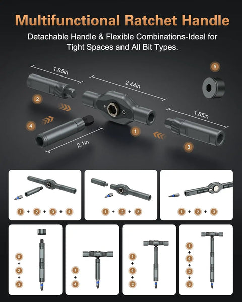 All In One Magnetic Screwdriver Set With 71 Pieces, Detachable Handle, Ratchet Head, dimensions for flexible use