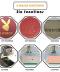 Fully Automatic Hot Stamp And Debossing Press For PVC Cards Leather Wood Paper Digital Screen showcasing six functions: stamping, pressing, branding.