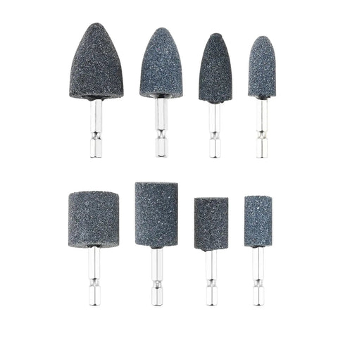 Eight Piece Pro Grade Aluminum Oxide Mounted Grinding Stones Set With One Quarter Inch Hex Shank For Electric Rotary Tools