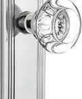 Retro Deco Plate With Round Clear Crystal Glass Knob Privacy Lock Set For One Door Two And Three Eighths Inch Backset Bright Chrome Finish