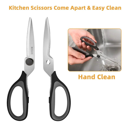All Purpose Kitchen Scissors Workhorse Heavy Duty Stainless Steel Shears That Come Apart For Easy Cleaning With Soft Comfort Grip Handles 8.3 Inch Black Ultra Sharp Serrated Blades For Meat Fish Herbs And Food Prep, detached blades hand-cleaned