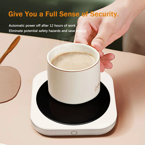 Smart Desk Electric Coffee Mug Warmer With Three Adjustable Heat Settings And Twelve Hour Auto Shut Off, cup on warmer.