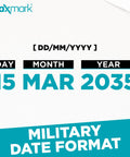 Kickass Heavy Duty Self Inking Date Stamp featuring Military Dd Mm Yyyy Format displaying 15 MAR 2035 clearly.
