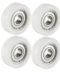4 Pack White Pom Roller Idler Bearing Pulley Smooth Operator Conveyor Guide Wheel For Sliding Doors Windows in a close-up view.