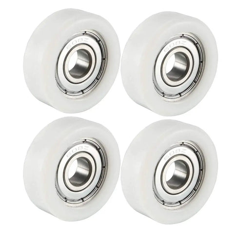 4 Pack White Pom Roller Idler Bearing Pulley Smooth Operator Conveyor Guide Wheel For Sliding Doors Windows in a close-up view.