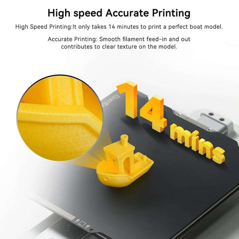 3D printed yellow boat on Bambu Lab printer, showcasing A1 Mini and A1 Hotend Print Head Kit With 0.2mm 0.4mm 0.6mm Nozzles.