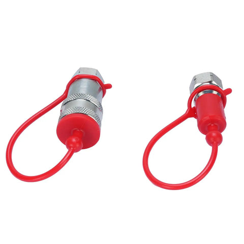 Kick Ass Hydraulic Quick Connect Coupler Set One Quarter Inch NPT ISO7241A Hardened Steel Built 4000 PSI High Pressure Rated With Dust Caps For Tight No Leaks Connections On Heavy Equipment Or Tractor Jobs Guaranteed Solid Performance. pair with red dust caps