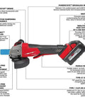 M18 Cordless Brushless Grinder Kit Featuring 5/8-11 Spindle And Anti-Vibration Side Handle With Paddle Switch Design For 4-1/2 And 5 Inch Grinding Applications Overload Guard Is Top Tier Stuff showing various features including paddle switch, battery, and side handle.