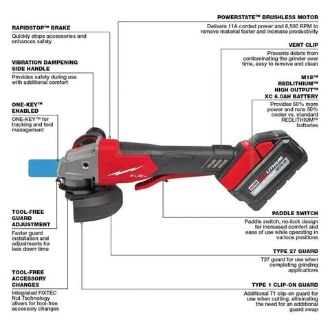 M18 Cordless Brushless Grinder Kit Featuring 5/8-11 Spindle And Anti-Vibration Side Handle With Paddle Switch Design For 4-1/2 And 5 Inch Grinding Applications Overload Guard Is Top Tier Stuff showing various features including paddle switch, battery, and side handle.