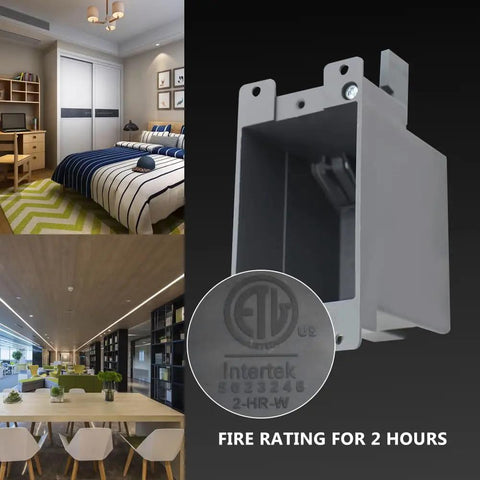 Remodel Box 1 Gang Old Work Electrical Box 14 Cu In Cut In Grey Plastic Junction Box For Switches ETL Listed Fire Rated 2 Hours Protection Packs Of 3, grey plastic box shown with 2-hour fire rating