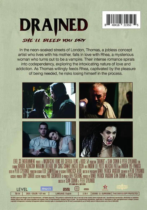 Drained Neon London Vampire Romance On DVD back cover featuring movie scenes and cast details with noir vibes, English language, DVD format.
