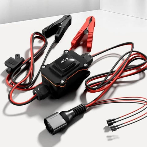 Top-Tier MotiveTech Vehicle Component Tester Set With Insulated Clips, Inline Switch, And Circuit Protector For Fast Auto Electrical Diagnostics In Your Garage Shop, detailed view with red and black clips.