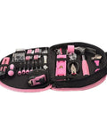 Open pink 69 piece hand tool set for women DIY in 12 inch storage bag with torpedo level, claw hammer, tape measure, chrome steel tools