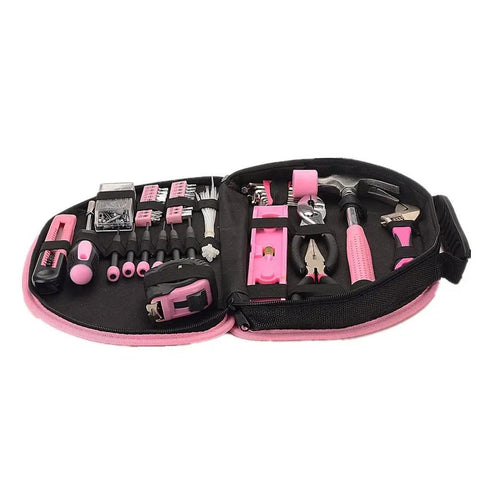 Open pink 69 piece hand tool set for women DIY in 12 inch storage bag with torpedo level, claw hammer, tape measure, chrome steel tools