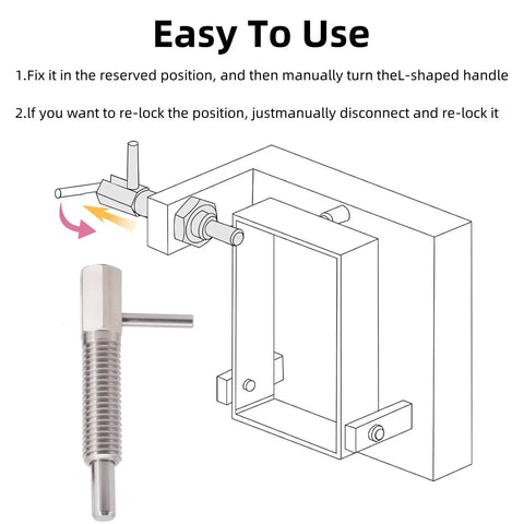 M16 Stainless Steel Retractable Indexing Plunger Pins 2 Pack Spring Loaded Latch With Nut shown in use with L-shaped handle for securing.