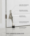 Foot Operated Door Stop with Zinc Alloy Floor Holder for hands free entryway access, pedal activated on white door with labels