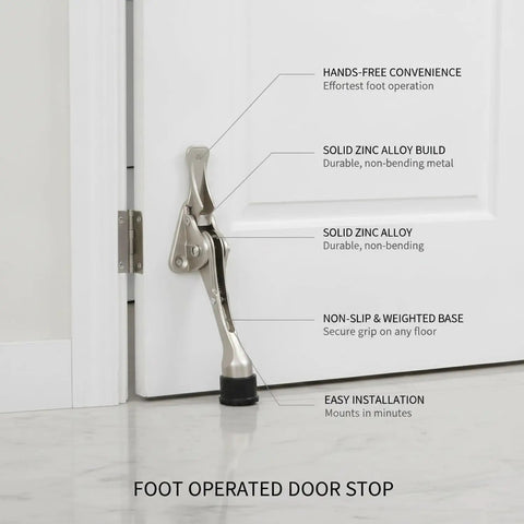 Foot Operated Door Stop with Zinc Alloy Floor Holder for hands free entryway access, pedal activated on white door with labels